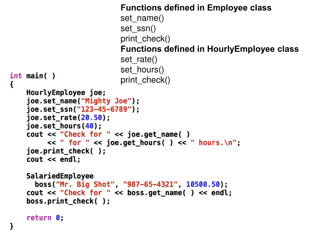 functions defined in employee class set name