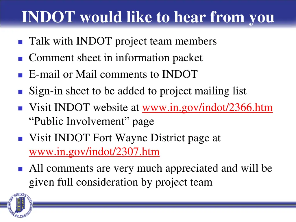 indot would like to hear from you