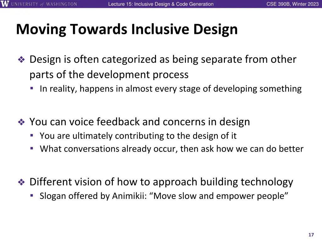 lecture 15 inclusive design code generation 16