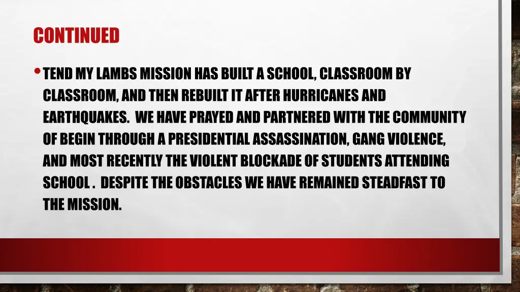 continued tend my lambs mission has built