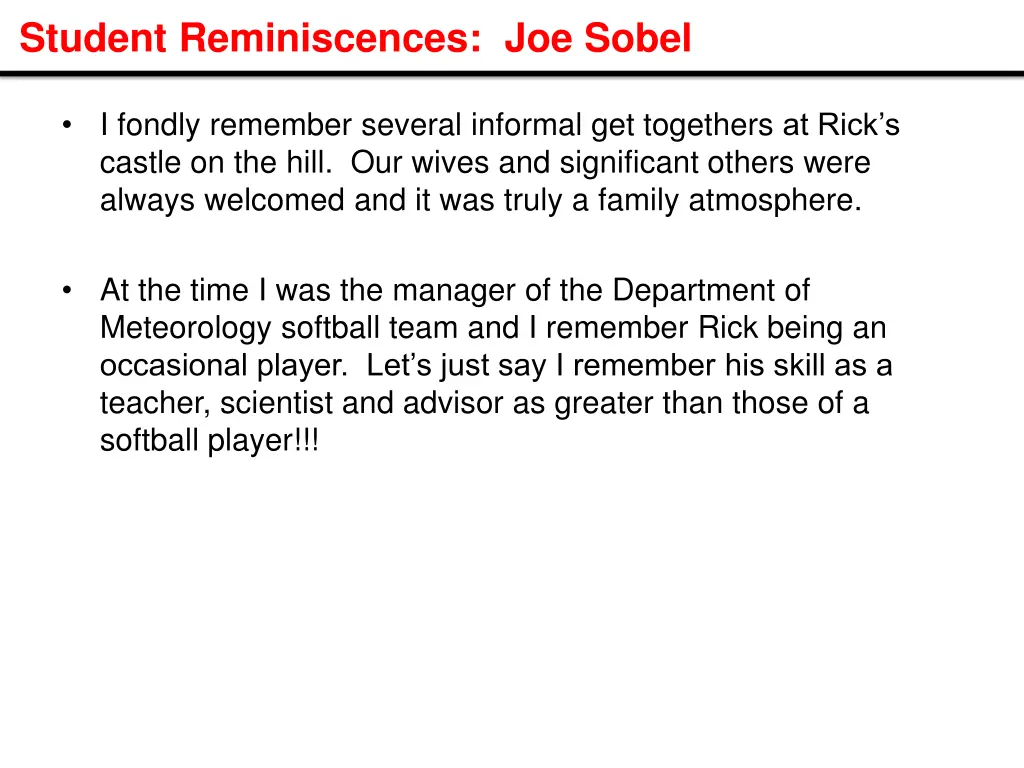 student reminiscences joe sobel
