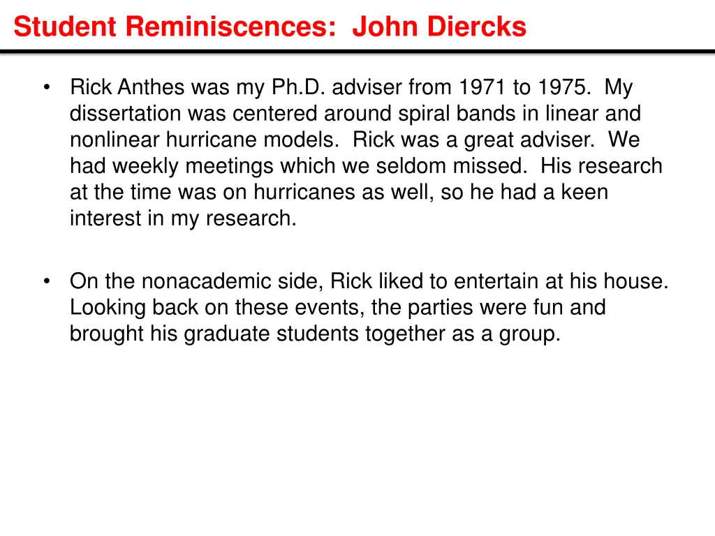 student reminiscences john diercks