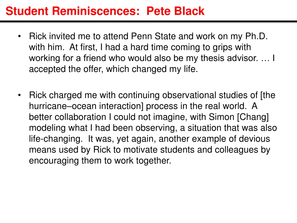 student reminiscences pete black
