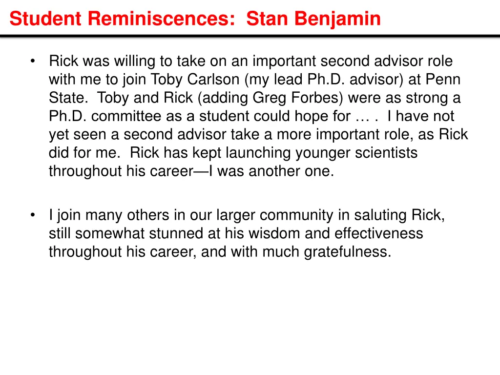 student reminiscences stan benjamin