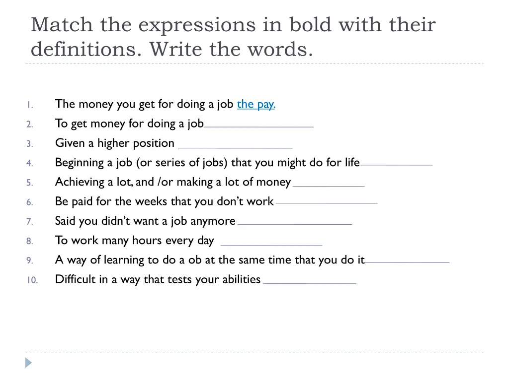 match the expressions in bold with their