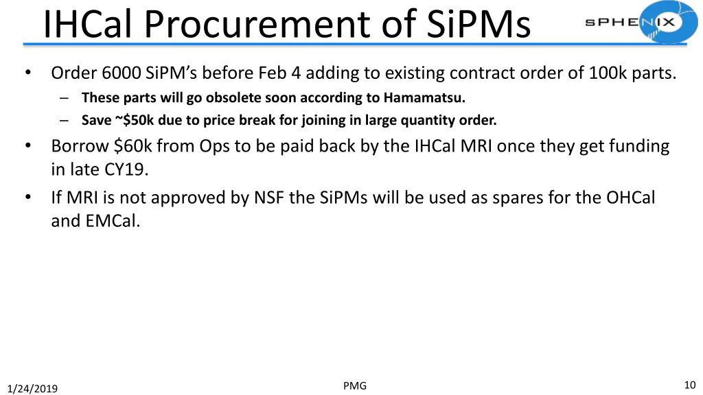 ihcal procurement of sipms