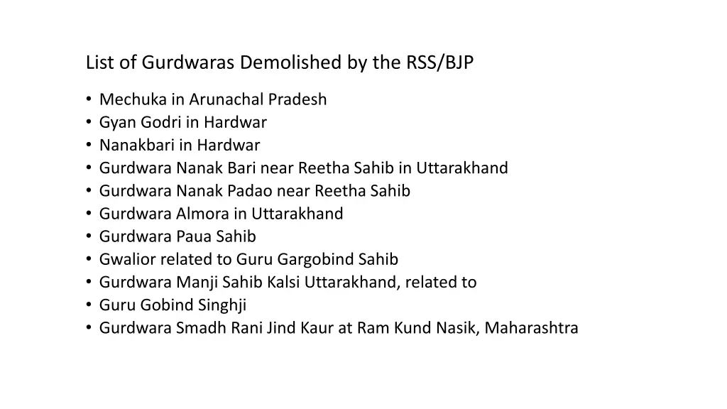 list of gurdwaras demolished by the rss bjp