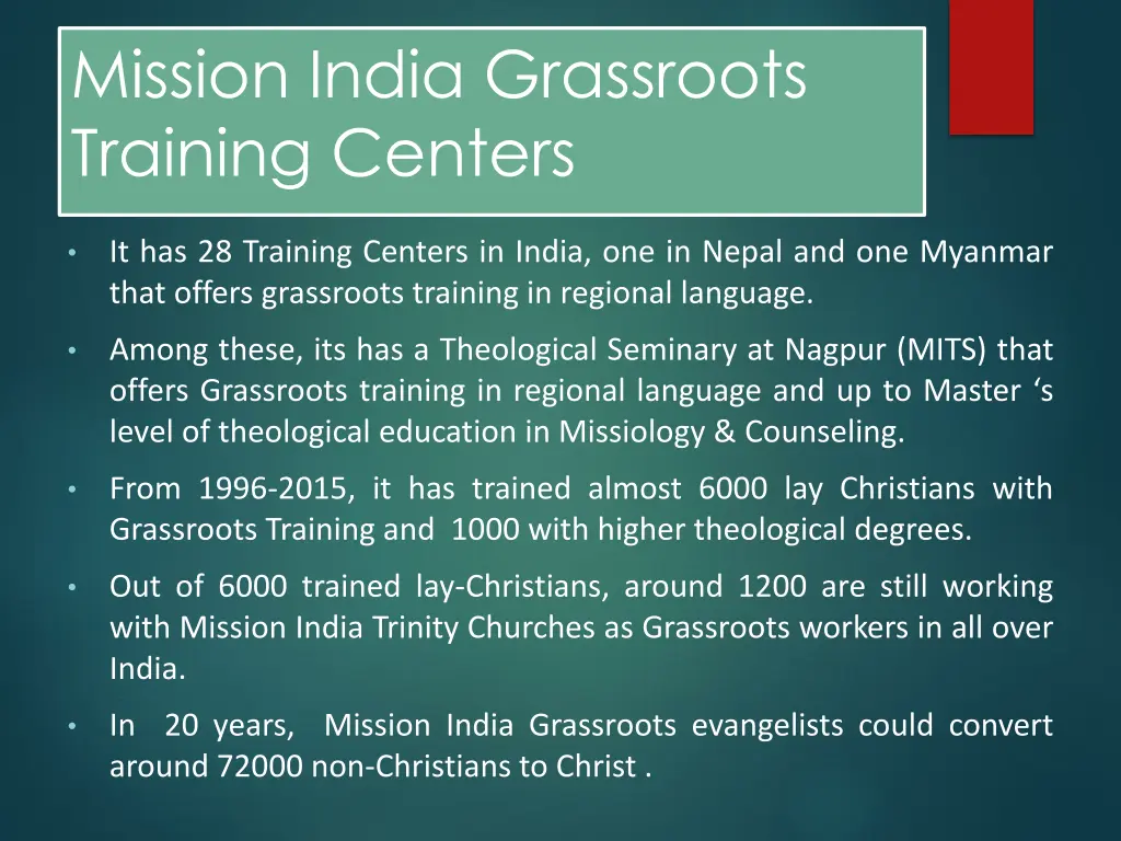 mission india grassroots training centers