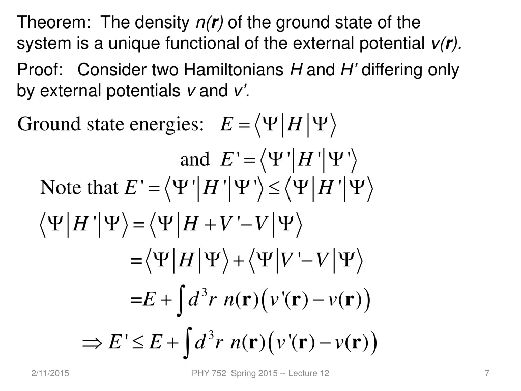 theorem the density n r of the ground state