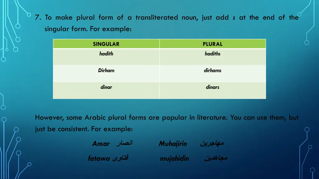 7 to make plural form of a transliterated noun