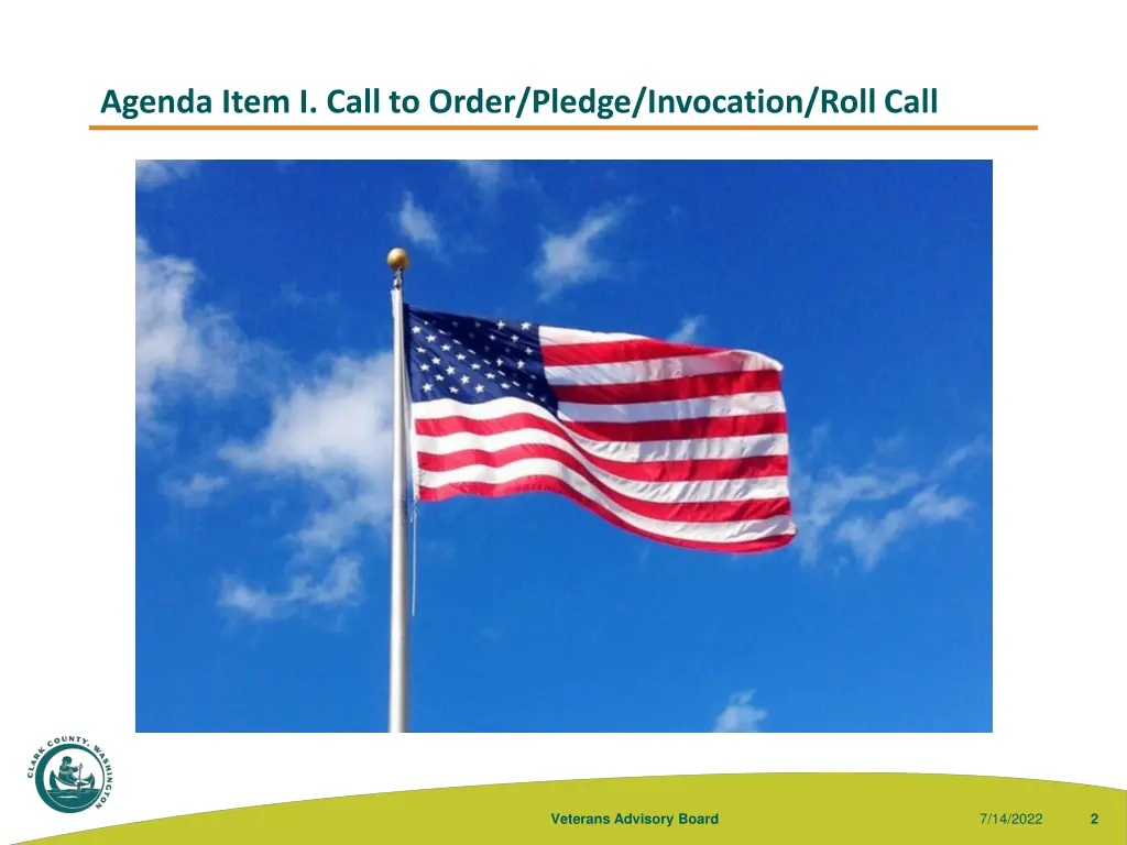 agenda item i call to order pledge invocation