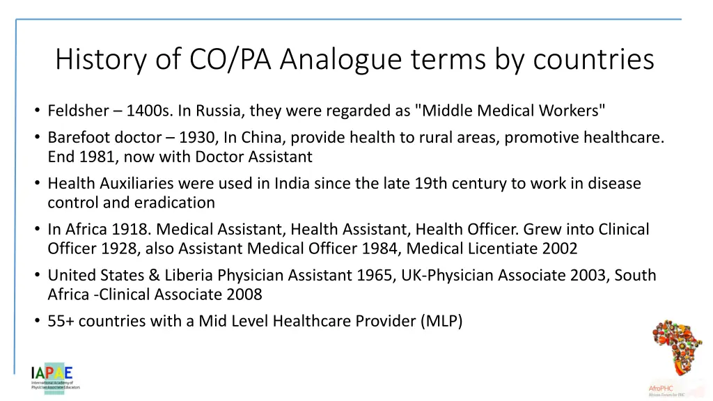 history of co pa analogue terms by countries