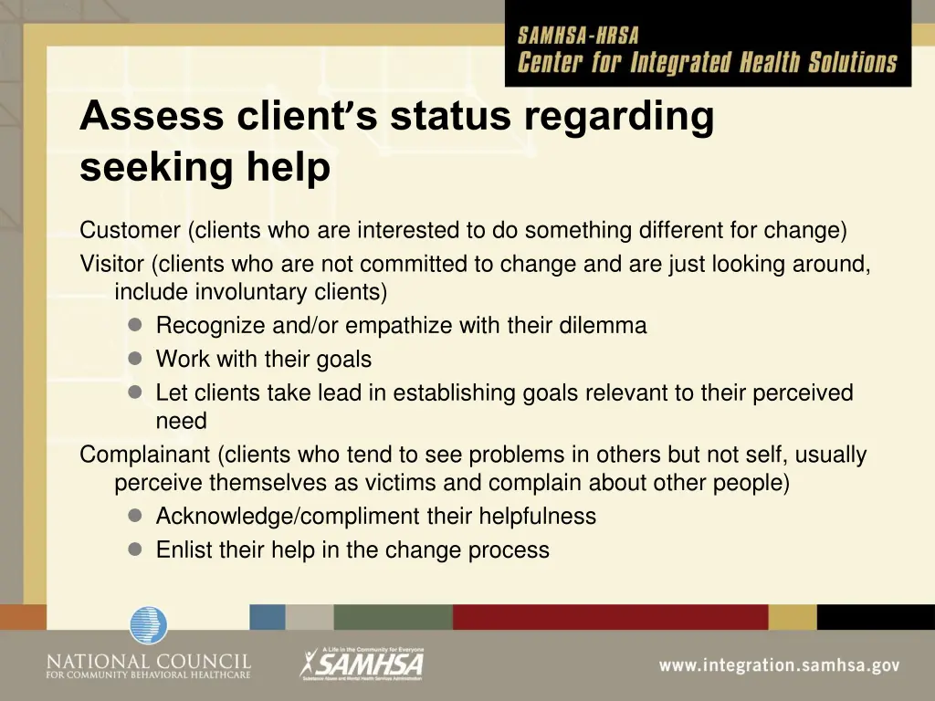 assess client s status regarding seeking help