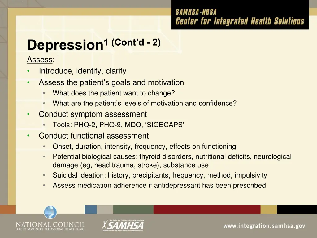 depression 1 cont d 2 assess introduce identify