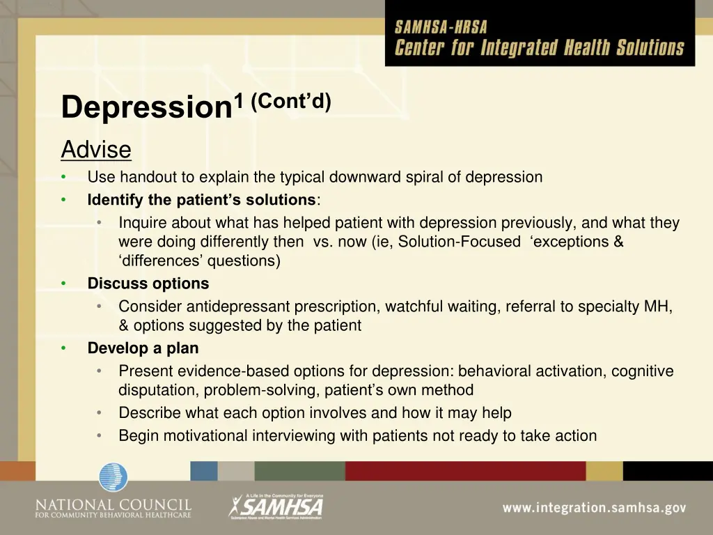 depression 1 cont d advise use handout to explain