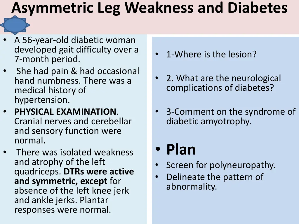 asymmetric leg weakness and diabetes