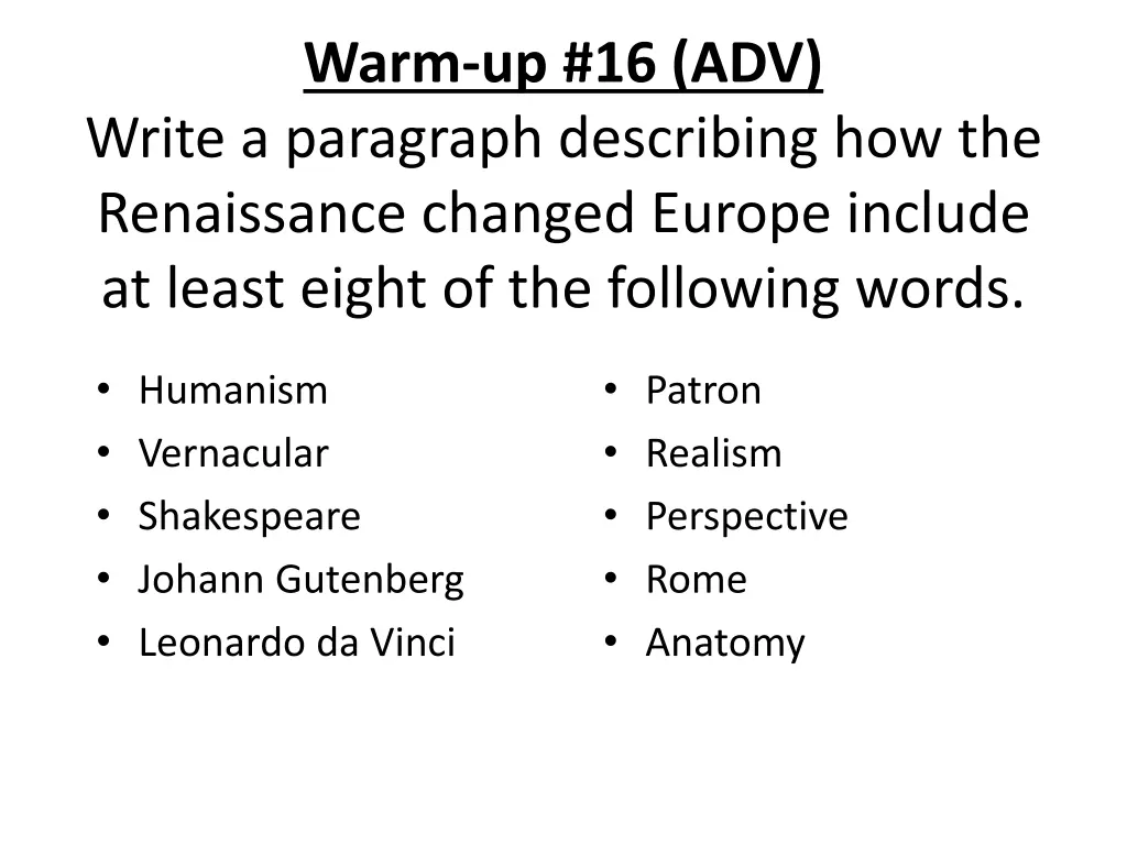 warm up 16 adv write a paragraph describing