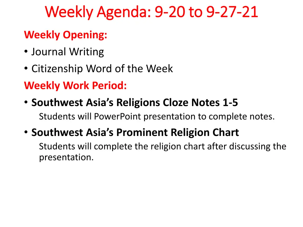 weekly agenda 9 weekly agenda 9 20 to 9