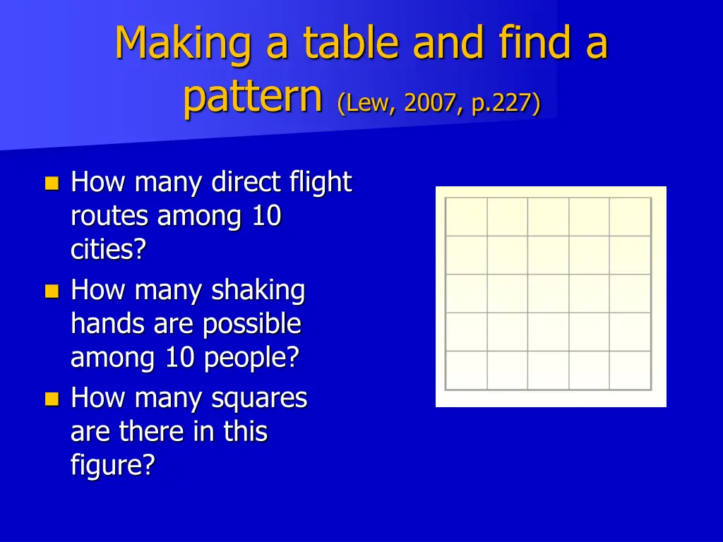 making a table and find a pattern lew 2007 p 227