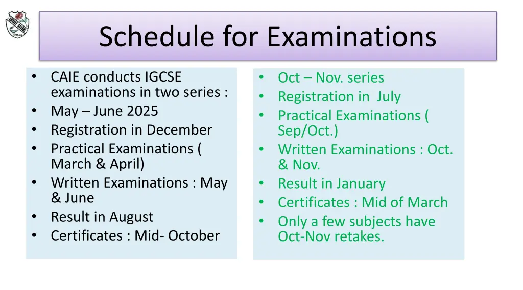schedule for examinations