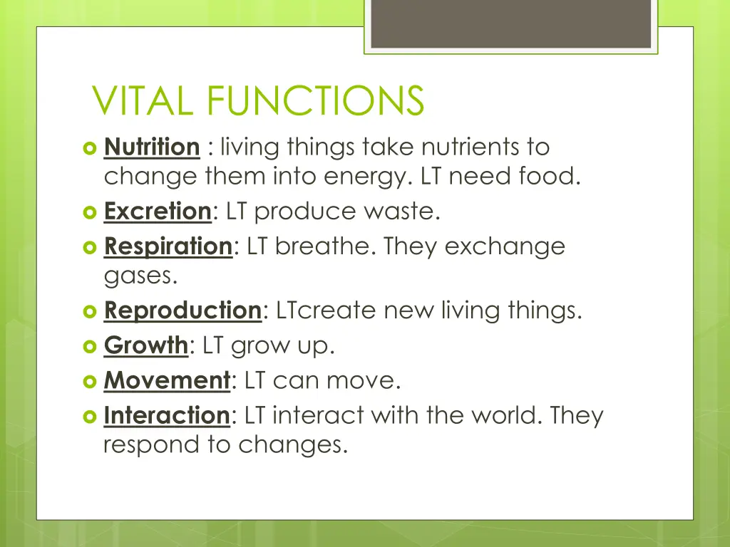 vital functions nutrition living things take