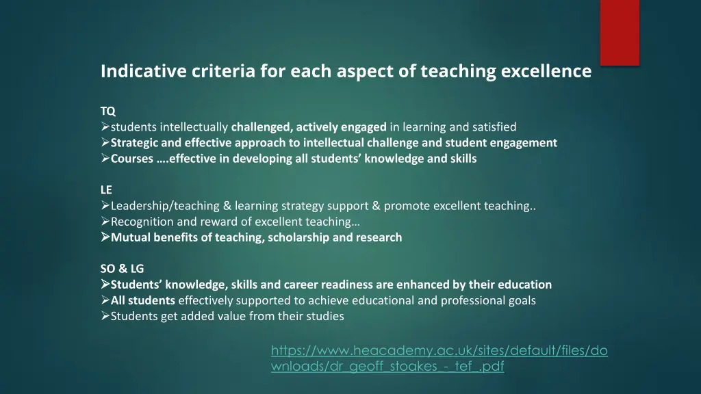 indicative criteria for each aspect of teaching
