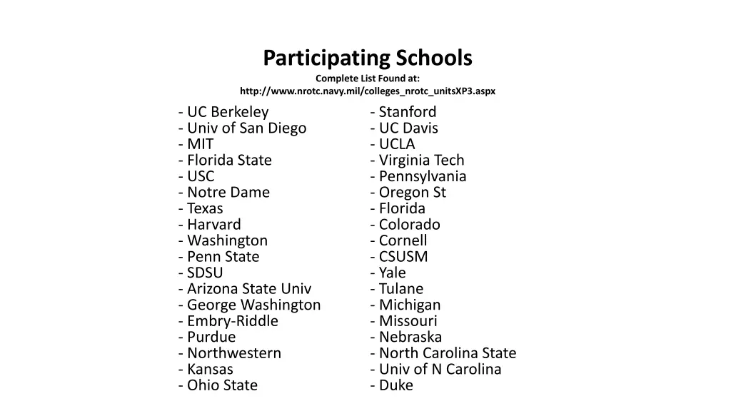participating schools complete list found at http