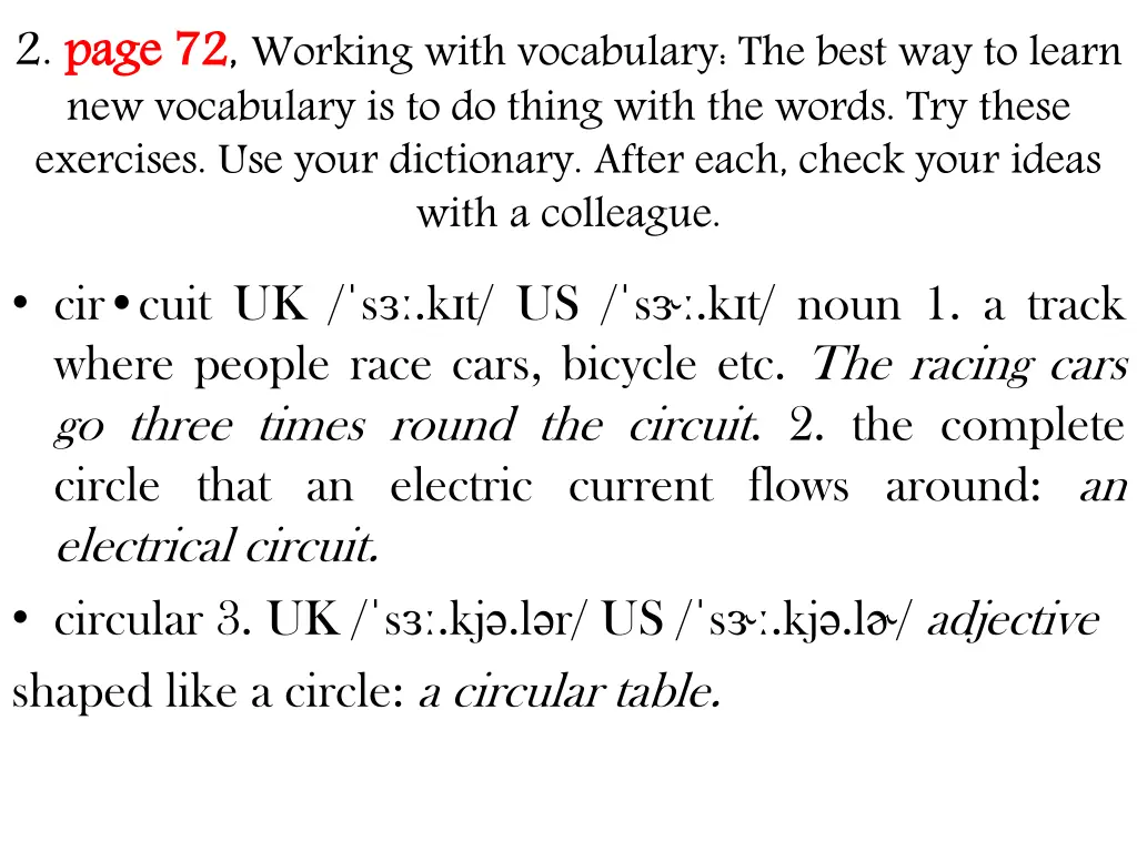 2 page 72 new vocabulary is to do thing with 2