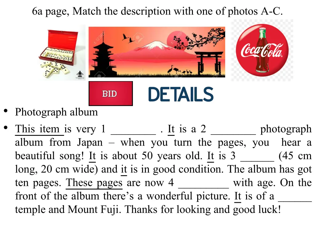 6a page match the description with one of photos