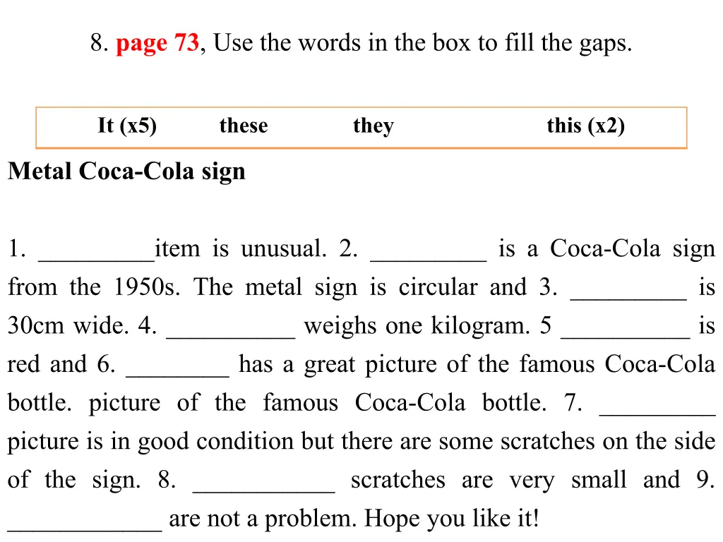 8 page 73 use the words in the box to fill