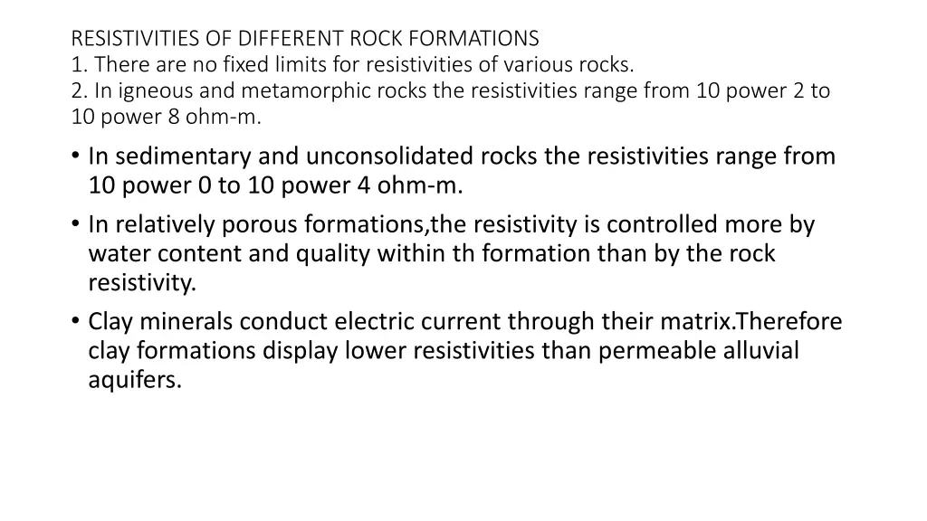 resistivities of different rock formations