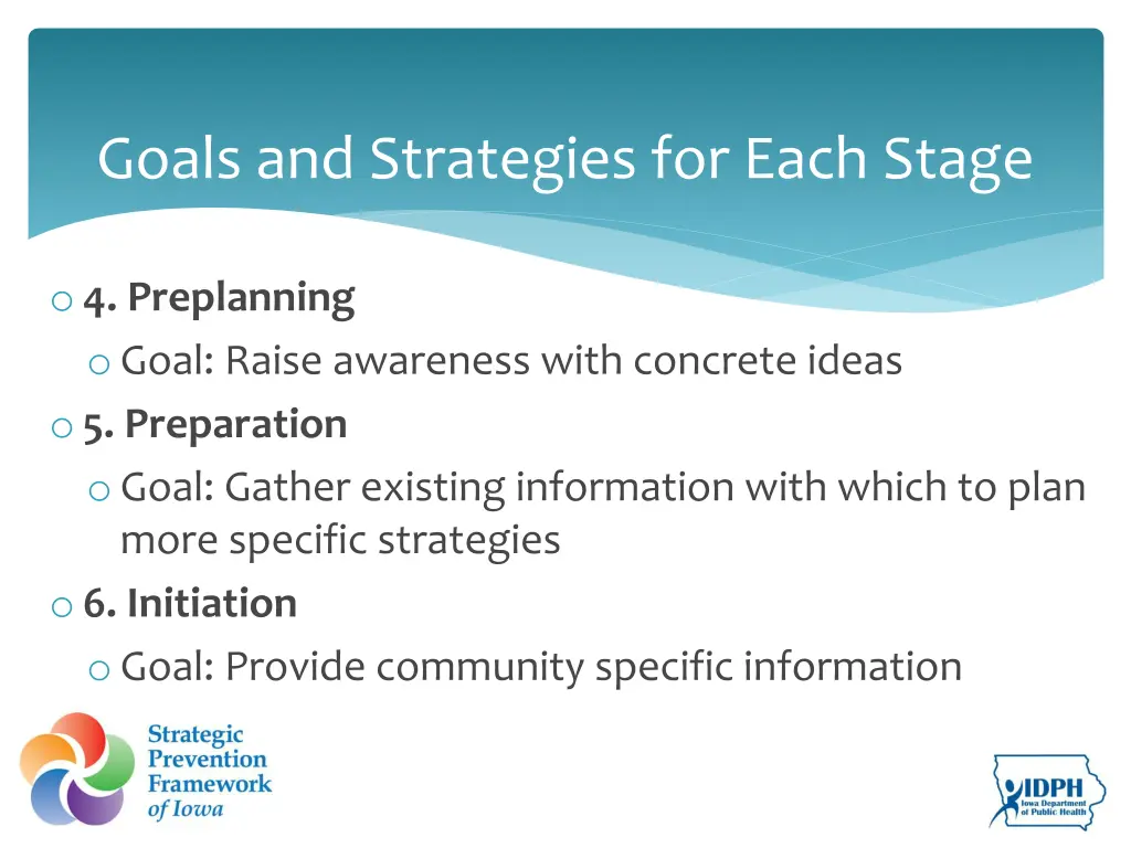 goals and strategies for each stage 1