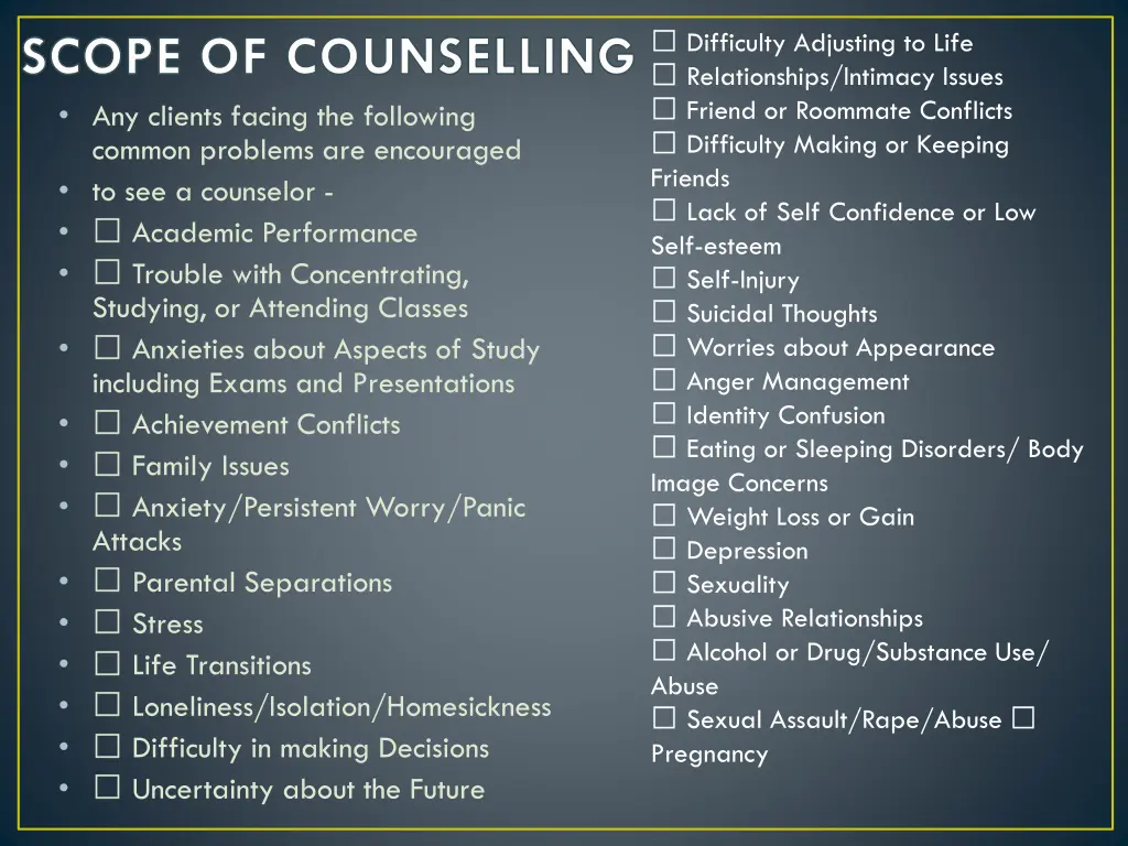 scope of counselling any clients facing