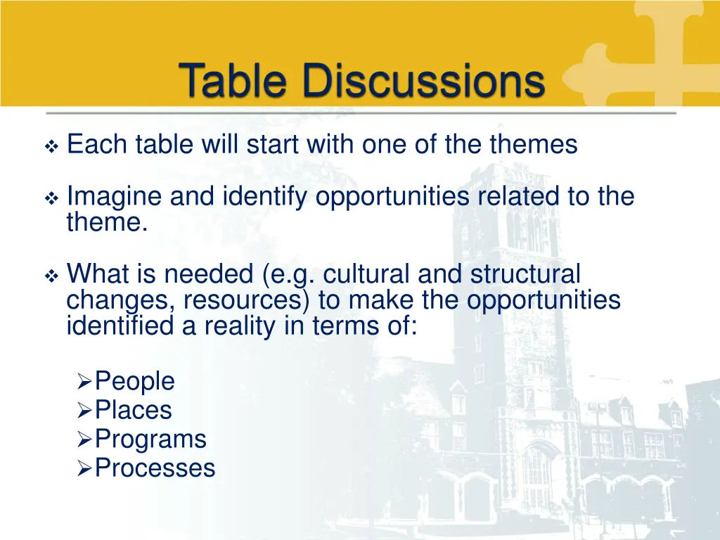 each table will start with one of the themes