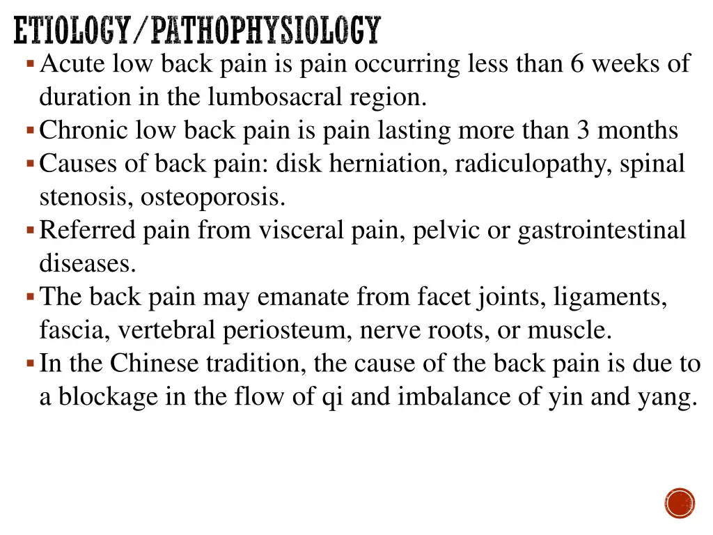 etiology pathophysiology acute low back pain