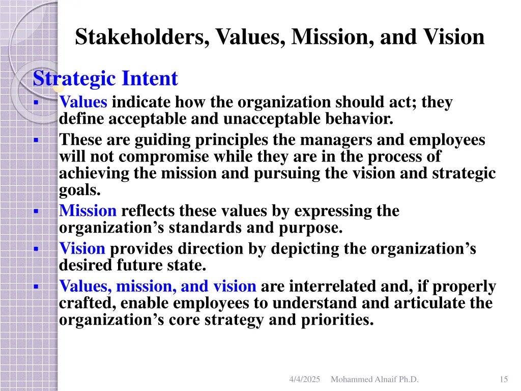 stakeholders values mission and vision 12