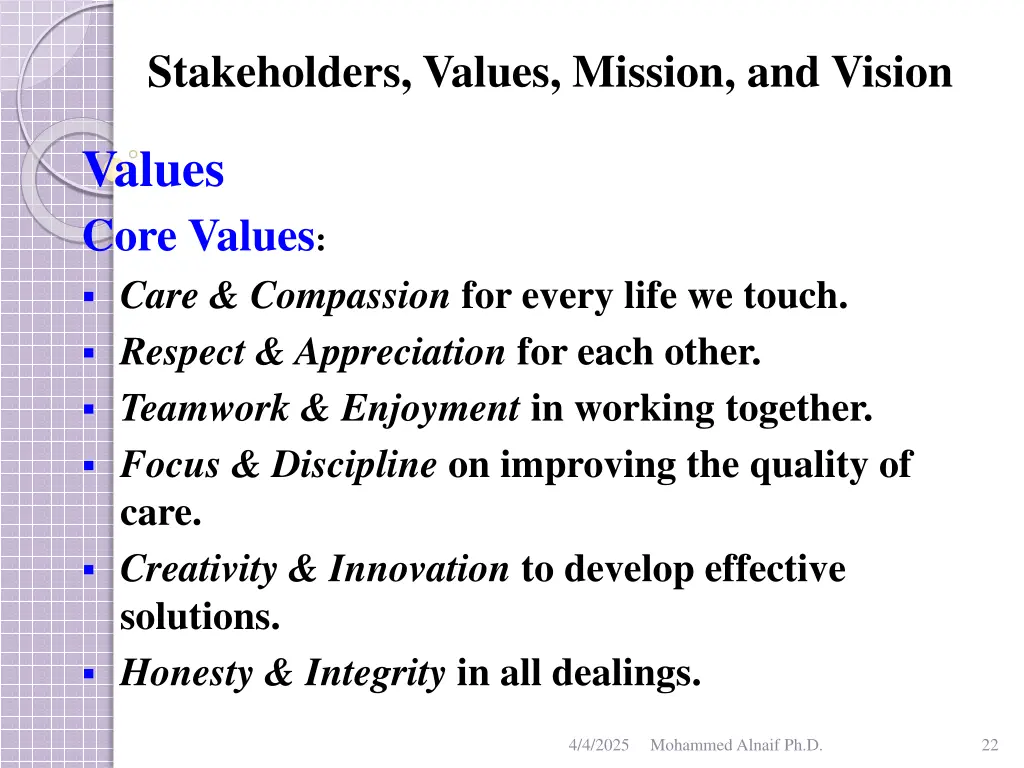 stakeholders values mission and vision 18