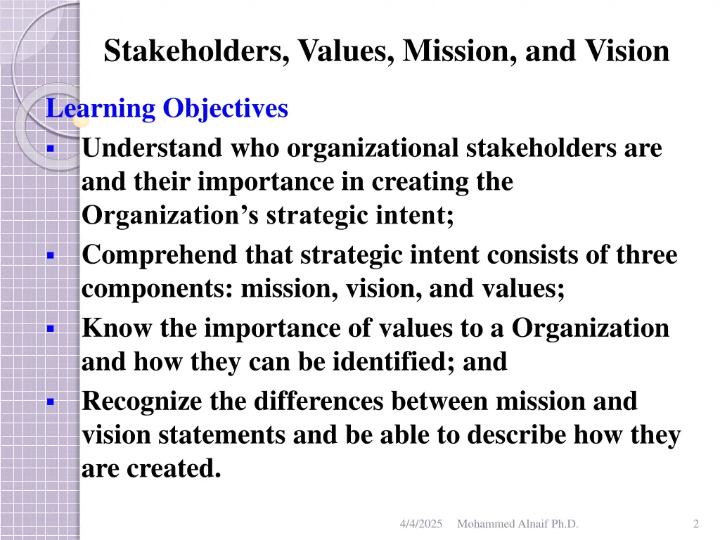 stakeholders values mission and vision