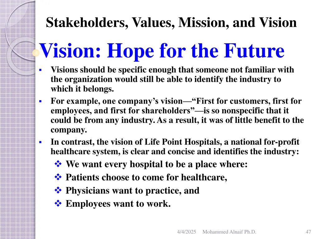 stakeholders values mission and vision vision 4