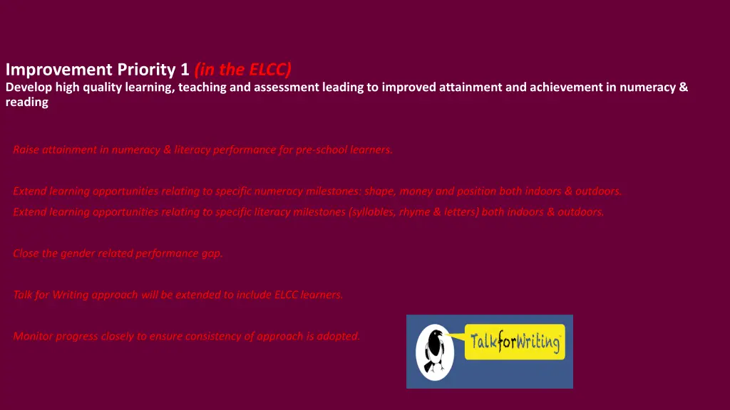 improvement priority 1 in the elcc develop high