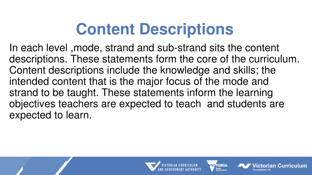 content descriptions in each level mode strand