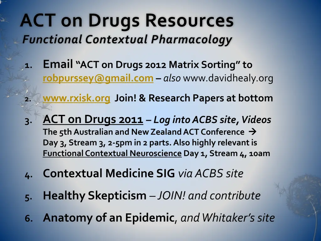 act on drugs resources functional contextual