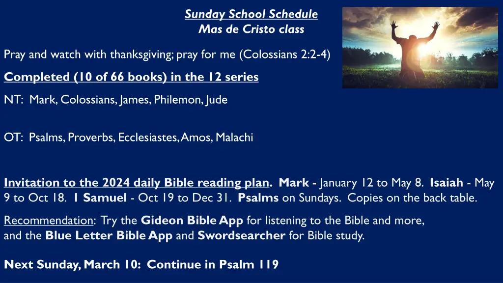 sunday school schedule mas de cristo class