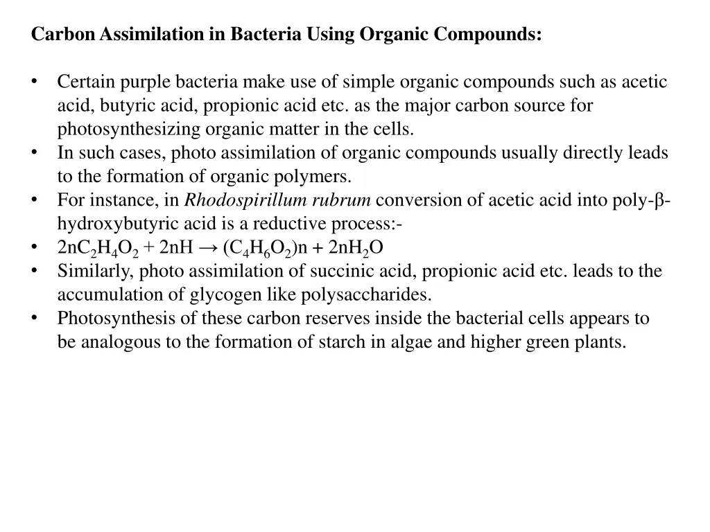 carbon assimilation in bacteria using organic