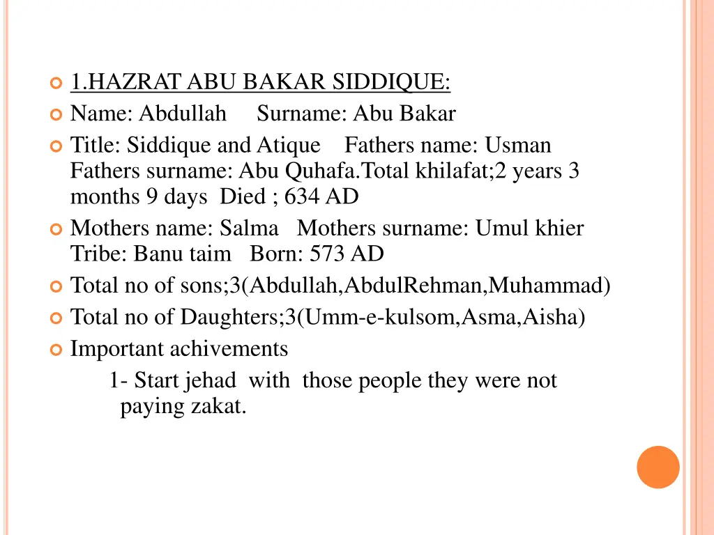 1 hazrat abu bakar siddique name abdullah surname