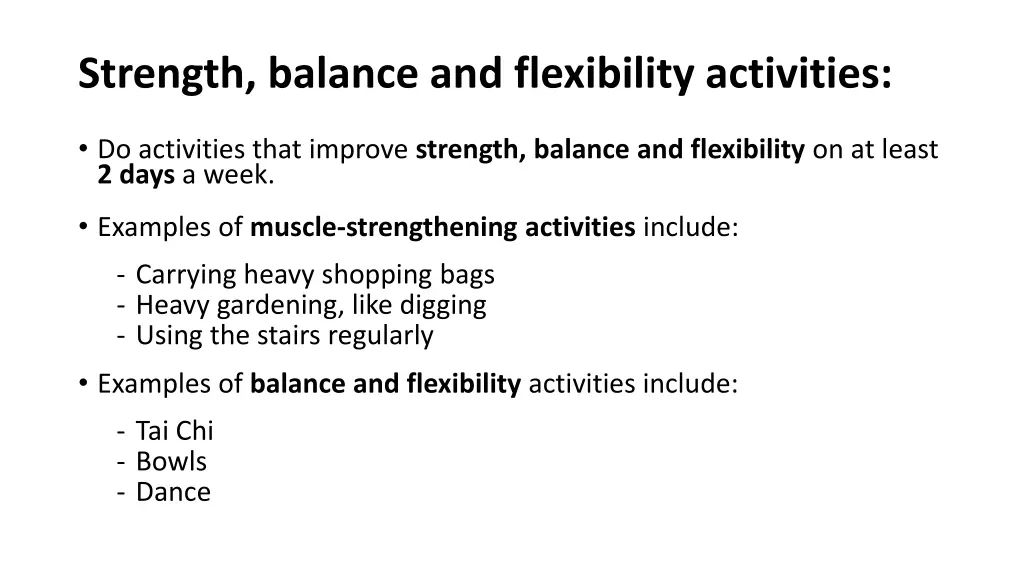 strength balance and flexibility activities