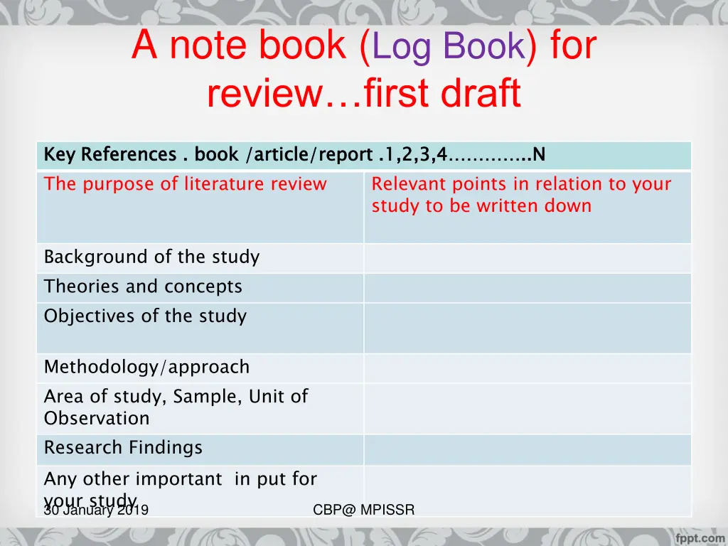 a note book log book for review first draft