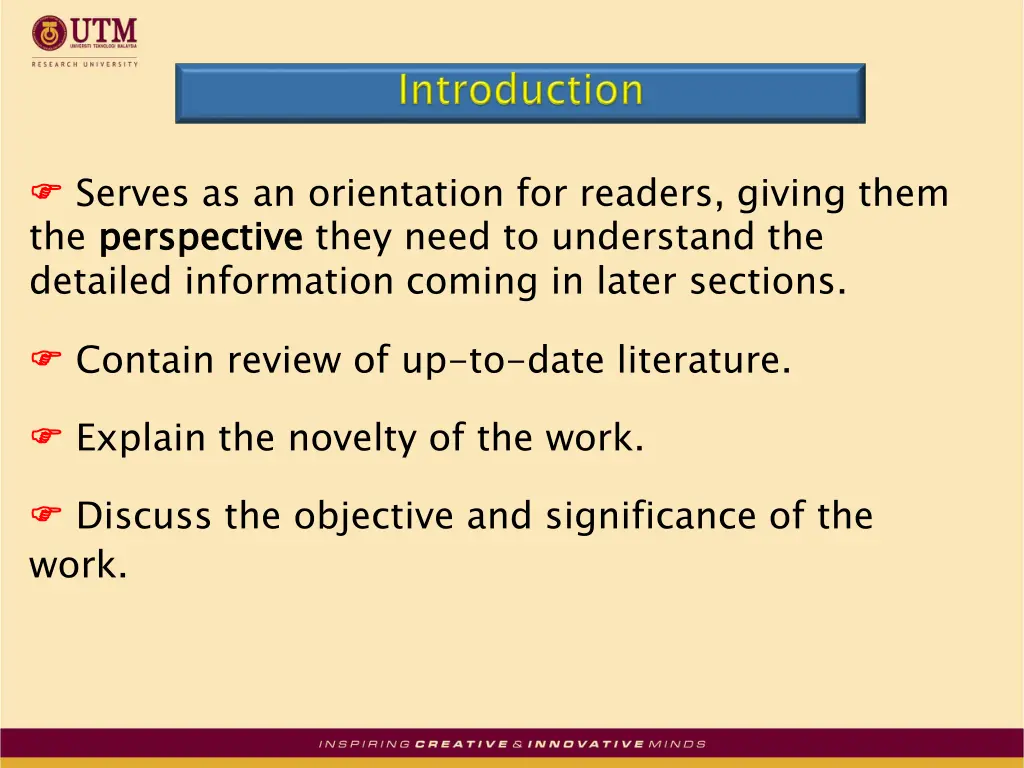 serves as an orientation for readers giving them