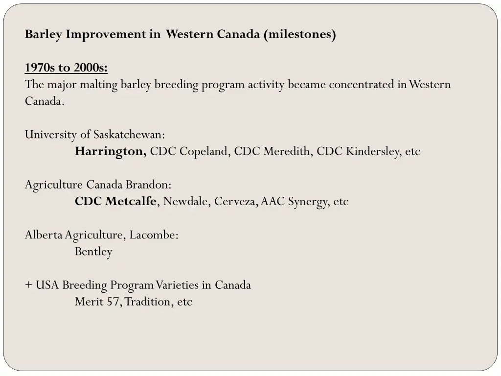 barley improvement in western canada milestones