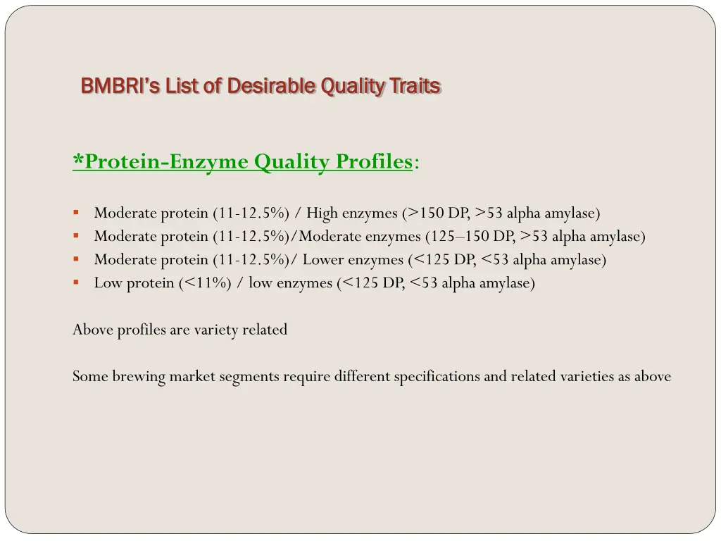 bmbri s list of desirable quality traits bmbri